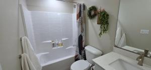 a bathroom with a shower and a toilet and a sink at Hot Tub, Kayaks, Game Room, Boat Parking, Fire Pit, King, WD in Page +29 photos