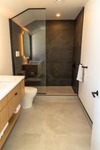 a bathroom with a shower and a toilet and a sink at Birch - Luxury 2 bdrm Cottage in Chimney Corner +44 photos