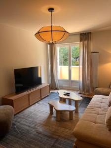 ein Wohnzimmer mit Couch und Flachbildfernseher in der Unterkunft Appartement aux Portes de Strasbourg in Oberhausbergen