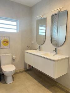 a bathroom with a sink and a toilet and a mirror at Luna Park no 4 in Grand Baie