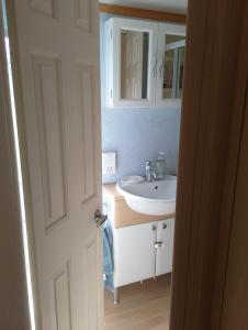 a bathroom with a white sink and a mirror at Caravan Cariad in Llangrannog +13 photos