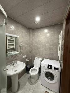 a bathroom with a toilet sink and a washing machine at Apartment N111 Loft 2 in Gudauri