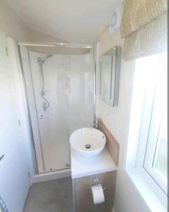 a small bathroom with a sink and a shower at The View Point Northumberland in Newton on the Moor +17 photos