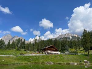 a building in a field with mountains in the background at Appartamento in chalet ampezzano in Alvera