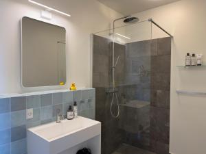 a bathroom with a sink and a shower at Seaside Retreat & Hotel in Stege +32 photos