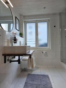 un bagno bianco con lavandino e specchio di Inn-Side Rottweil a Rottweil Altre 15 foto