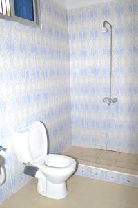 a bathroom with a toilet and a shower at Union Beach Bungalow in Nungwi