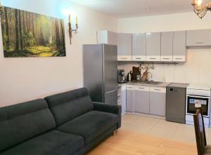 a living room with a couch and a kitchen at Mazury Apartament/Dom z ogródkiem całoroczny przy jeziorze in Sędańsk +16 photos