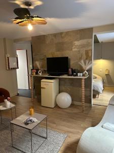 a living room with a couch and a television at Suite Romantique - Love Room Valence Amour et Bulles - Jacuzzi - Lit king size avec miroir XXL - Sofa Tantra - Drôme Ardèche in Bourg-lès-Valence