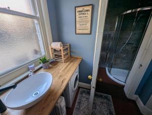 a bathroom with a sink and a shower at The Writer's Retreat Ground Floor Apartment in Holt +29 photos