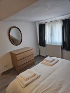 a bedroom with two beds with a mirror and a dresser at private apartment in Luxembourg