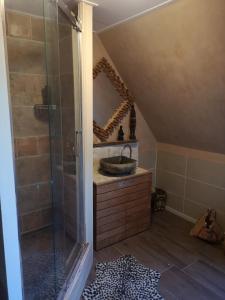 a bathroom with a sink and a shower with a mirror at South African Room in Westbeemster