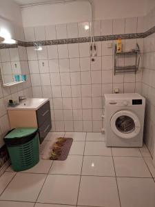a bathroom with a washing machine and a sink at Un logement unique et spacieux face à la mer in Saint-Louis