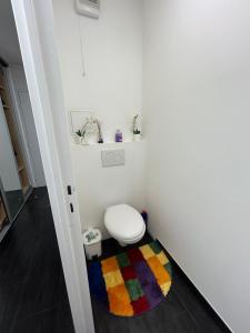 ein Badezimmer mit einem WC und einem bunten Teppich in der Unterkunft Appartement près de Paris et Disneyland in Boissy-Saint-Léger + 46 Fotos