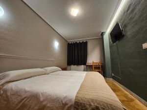 Un dormitorio con una cama grande y un televisor. en Hostal Las Cavenes Del Cabaco, en El Cabaco