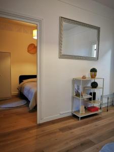 a bedroom with a bed and a mirror on the wall at 34m2 cosy proche métro in Ivry-sur-Seine