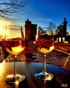 zwei Gläser Wein auf dem Tisch in der Unterkunft MOBIL HOME DE GRAND CONFORT-3ch Climatisées-CAMPING BONNE ANSE 509- 4 étoiles LA PALMYRE in Les Mathes
