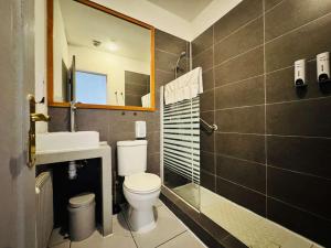 a bathroom with a toilet and a sink and a mirror at Hotel Casa Lyon in Santiago