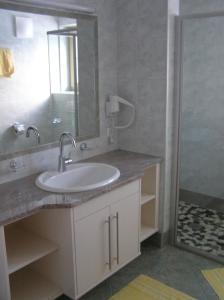 a bathroom with a sink and a mirror and a shower at Appartements Luegeck in Hollersbach im Pinzgau