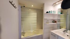 une salle de bain avec une douche, un lavabo et une baignoire dans l'établissement Cosy appart à la montagne, à Seyne 34 autres photos