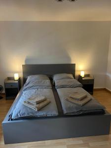 a bed with two pillows on it with two lamps at Zentrales Apartment mit Netflix, Kaffee & Parkplätzen in Paderborn
