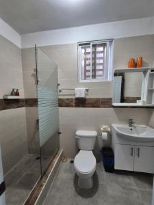 a bathroom with a toilet and a sink at OMY Apartments Nagua 1B in Nagua