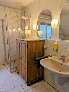 a bathroom with a sink and a shower at Eulennest im Ferienhaus an der Holzecke in Schnelldorf +25 photos