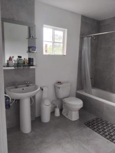 a bathroom with a sink and a toilet and a bath tub at Clarke Place in Mandeville