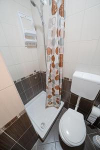 a bathroom with a shower curtain and a toilet at Zlatni San in Banja Koviljača +75 photos