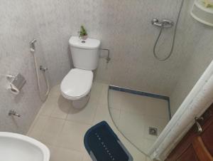 a bathroom with a shower with a toilet and a sink at شقة للكراء اليومي in Aourir +32 photos