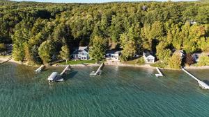 an aerial view of a house on a body of water at Crystal View Hideaway - Spectacular Lakeview! in Beulah
