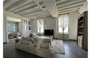 a large living room with a couch and a television at Chez Mary in Larzicourt