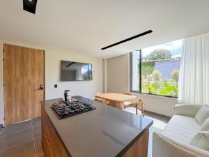 a kitchen with a stove top oven in a room at Apartamento de lujo a 3 minutos del Aeropuerto JMC 101 in Rionegro