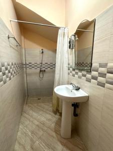 a bathroom with a sink and a shower at Dar Amallay in Tamraght Oufella