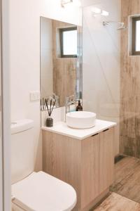 une salle de bain avec un lavabo et des toilettes dans l'établissement B e a c h H o u s e X I V, à Bicheno 12 autres photos