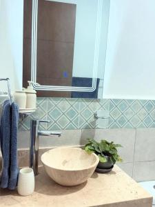 a bathroom with a stone sink with a plant in it at Dorotea Apartment in San Miguel de Allende +14 photos