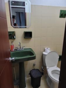a bathroom with a green sink and a toilet at Apartahotel Real in Palmira