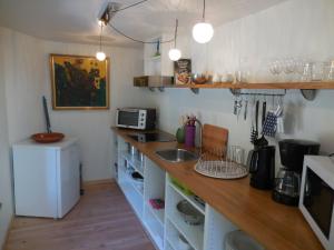 een keuken met een aanrecht met een wastafel en een magnetron bij Le Ru du Passage in Sart-lez-Spa