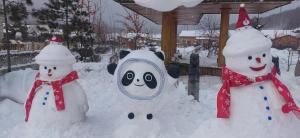 een groep sneeuwmannen voor een huis bij Snow Town Jingbei Hotel Erlanghe Scenic Area Branch in Yushu +126 foto's