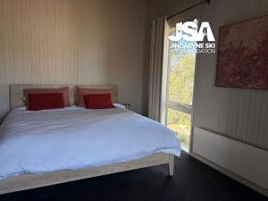 KalkiteKalkite Cottage的一间卧室，有一张带红色枕头的床和一扇窗户