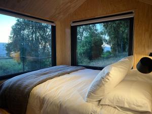 a bedroom with a bed and two large windows at Cabaña en Paine - Tucu Cabins in Maipo