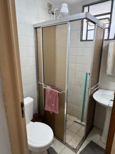 ein Badezimmer mit Dusche, Toilette und Waschbecken in der Unterkunft Residencial Alice in Uberaba + 7 Fotos