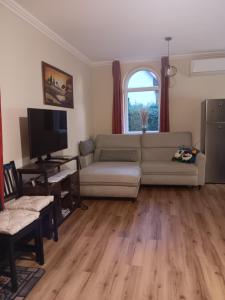 a living room with a couch and a television at Mazsola Vendégház in Tamási