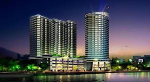 a rendering of a large building next to the water at New Century Hangzhou Qiandao Lake Longting Hotel in Thousand Island Lake