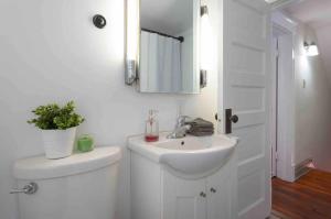 a bathroom with a sink and a toilet and a mirror at Westport Plaza Stay 2BR Cozy Escape in Kansas City +6 photos