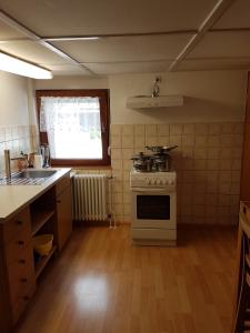 a kitchen with a stove and a counter top at Gästehaus Futterer in Teningen +18 photos