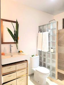 a bathroom with a toilet and a sink at Une pause au soleil et proche de la mer in Moorea