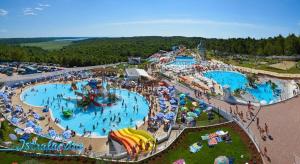 an aerial view of a water park with two pools at Apartments Anić in Novigrad Istria