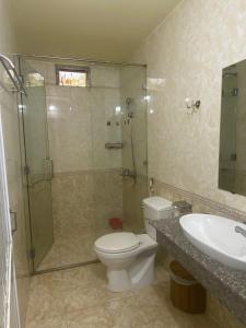 une salle de bains avec douche, toilettes et lavabo dans l'établissement Bungalow Tina, à Duong Dong