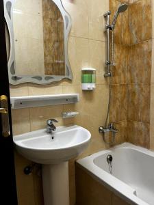 a bathroom with a sink and a mirror and a tub at Bliss Spot Vacation Home in Al Ain